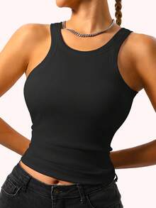 1pc Spring/Summer Ribbed Tank Top 2-In-1 With Built-In Cup Pads Casual Vest - Black - View 3