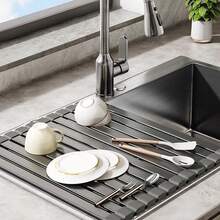 Alloy Sink Drain Rack, Roll-Up Foldable Kitchen Dish Drainer, Sink Bowl & Fruit Vegetable Draining Mat - Multicolor - View 4