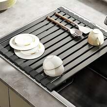 Alloy Sink Drain Rack, Roll-Up Foldable Kitchen Dish Drainer, Sink Bowl & Fruit Vegetable Draining Mat - Multicolor - View 7