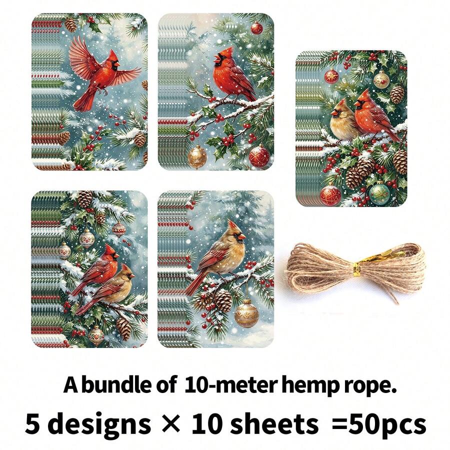 50Pcs Christmas Songbird Gift Hang Tags With Hemp Rope, Winter Red Cardinal Bird Holly Pinecone Xmas Gift Tags, 5 Designs Holiday Paper Gift Labels For Christmas Gift Wrapping, Party Favors, Crafts, Present Decoration - B - View 1