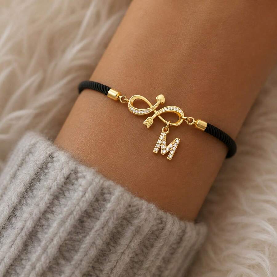 1 pieza Pulsera de cuerda ajustable con símbolo de infinito e inicial de moda nueva para mujeres - Negro - Ver 1