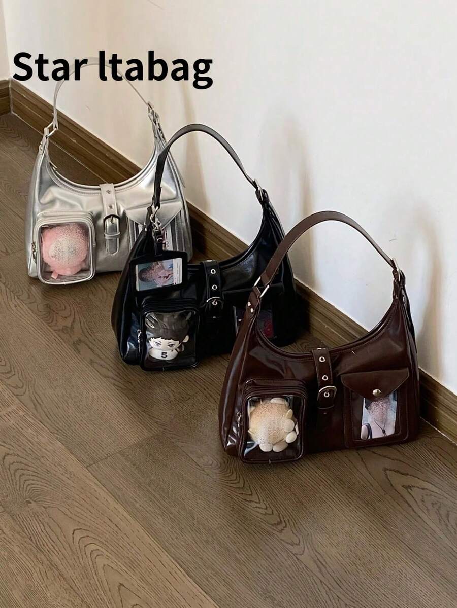New Japanese Style Original Design Fashion Casual Street Minimalist Large Capacity Crescent Motorcycle Transparent Badge Messenger Bag, Suitable For Daily Shopping, Commuting, Party, Anime Convention, Holiday Gift, Shoulder Handbag