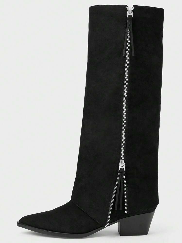 New Pointed Toe Chunky Heel Knee-High Boots Women's Vintage Western Cowboy Riding Boots - Black - View 3