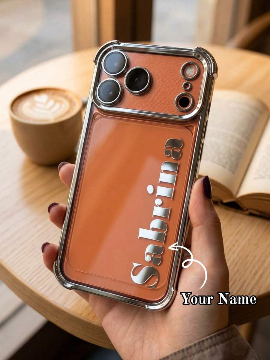 客製化姓名電鍍四角防震手機殼，相容 iPhone 17 18 Pro Max，雷雕個性化姓名保護手機殼，防摔防刮全包覆手機殼，適合男士與女士的客製化禮物，適用於日常通勤、工作、派對