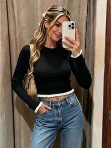 Women's Elegant Holiday/Graduation Knit Sweater, Casual Long Sleeve Cream Yellow Ruffle Hem Pullover - Black - View 2