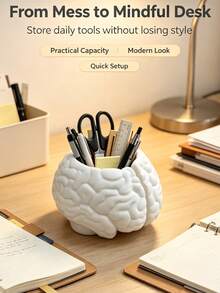 Novelty Brain‑Shaped Makeup Brush Holder, Creative Dual‑Grid Desktop Pen Cup, Vanity Cosmetic Eyebrow Brush Storage Box, Fun Halloween Decor Ornament, Office Stationery Sundries Organizer Bucket - Multicolor - View 9