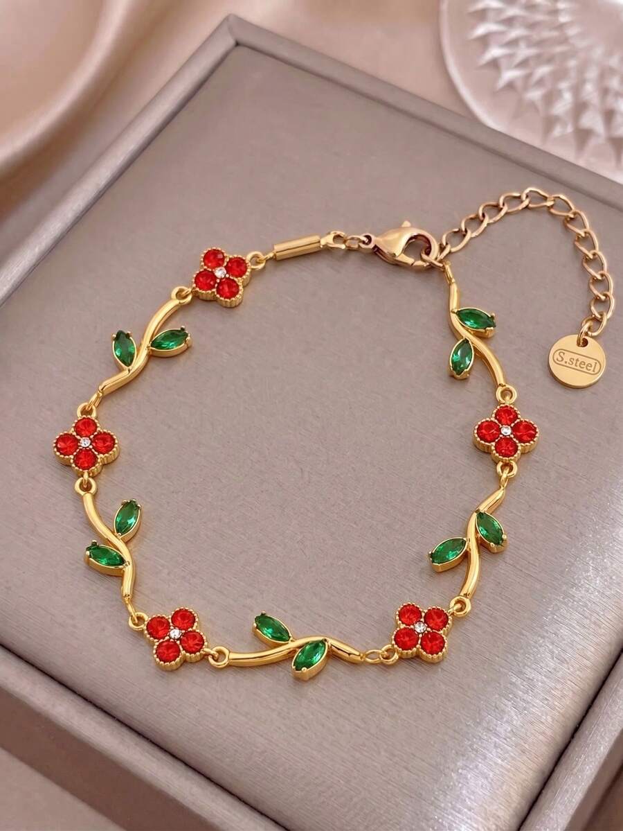 1pc 18K Gold-Plated Stainless Steel Multi-Color Flower Leaf Clover Bracelet, Light Luxury Retro Flower Zirconia Women's Accessory - Gold 13 - View 1