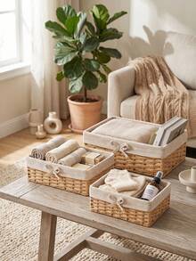 1pc/3pcs (S+M+L) Woven Desktop Storage Basket, Suitable For Snacks, Cosmetics, Toys And Other Household Items, Multi-Functional Fabric Storage Box For Coffee Table Or Key Basket, Home Decor Storage, Wardrobe Storage Space Organizer, Holiday Decoration Gift Storage, Storage Organizing Basket, Ideal Gift Basket For Room Decor - Khaki - View 3