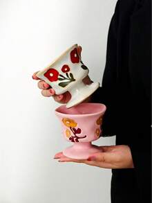 1pc Handmade Vintage Floral Ceramic Mug, Asymmetrical Small Flower Coffee & Dessert Cup - Multicolor - View 8