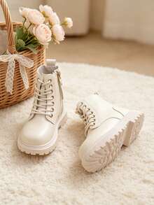 1 Pair Kids British Style Lace-Up Boots With Side Zipper, Easy To Put On And Take Off, Leather Short Boots, Suitable For School, Weekend Outings, Autumn/Winter - Beige - View 9