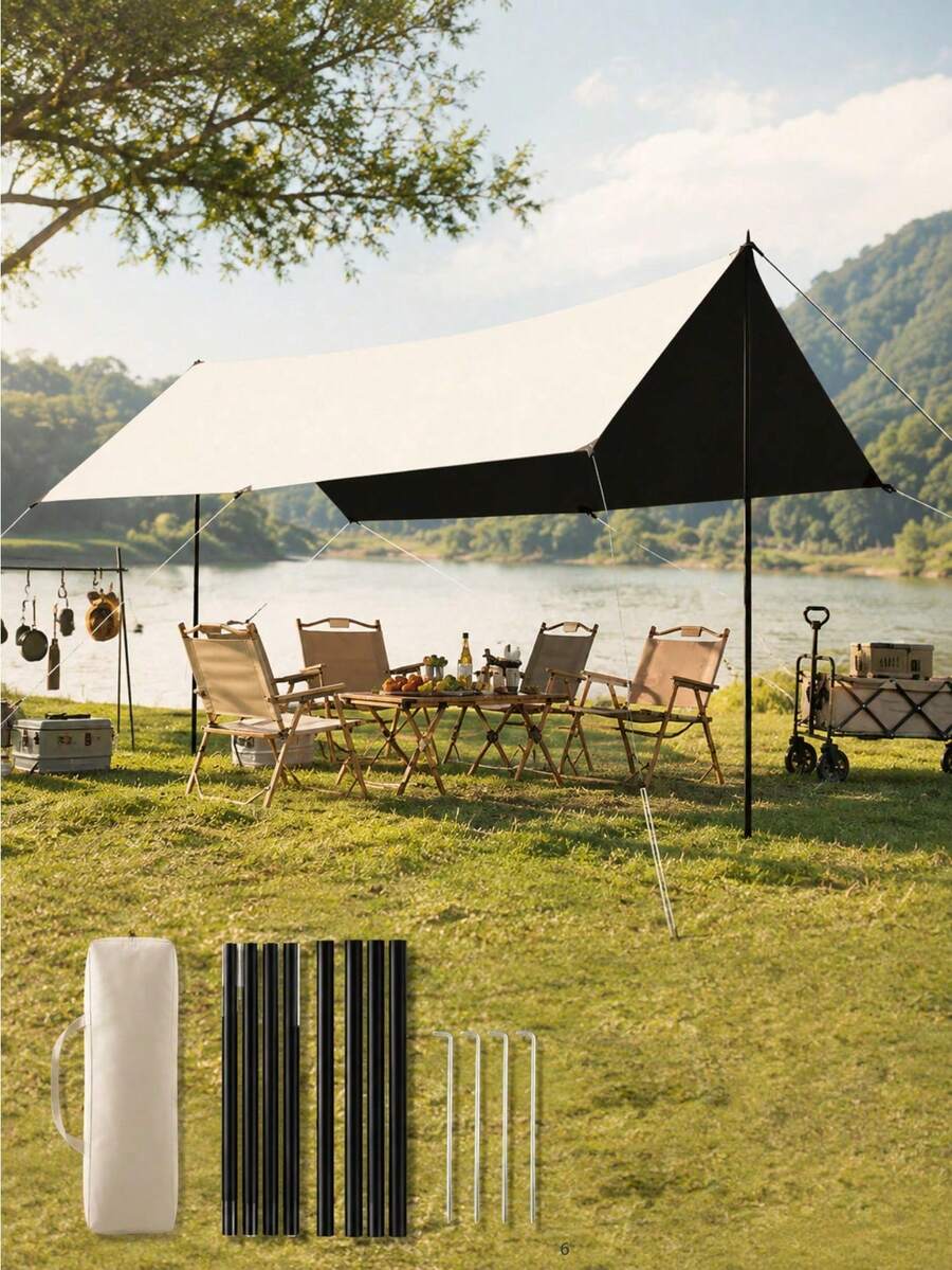 1pc Outdoor Camping Sunshade Canopy, Black Rubber Canopy, Outdoor Canopy, Thickened UV Protection Coating, Camping Rainproof Canopy - A - View 1
