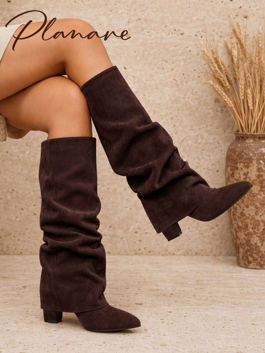 planare Women's Fashion Elegant Slip-On Pointed Toe Stiletto High Heel Ruched Shaft Boots, Loose Western Style Slim Straight Leg Black Tall Boots