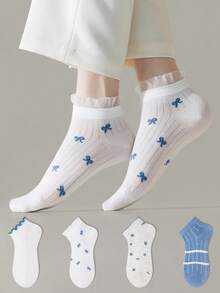 ZUJO 4 Pairs Women's Blue & White Ruffle Trim Short Socks, Floral & Bow Pattern, Suitable For All-Year Home & Travel, Random Color - Multicolor - View 4