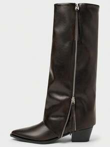 New Pointed Toe Chunky Heel Pant Leg Boots Women's Retro Knee-High Long Boots High Heel Western Cowboy Boots Riding Boots - Brown - View 4