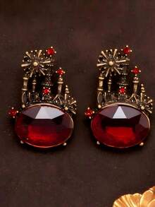 1 Pair Exquisite Red & Yellow Oval Cute Romantic Castle & Fireworks Pattern Earrings, Suitable For Daily Wear, Party And Ball - Red - View 4