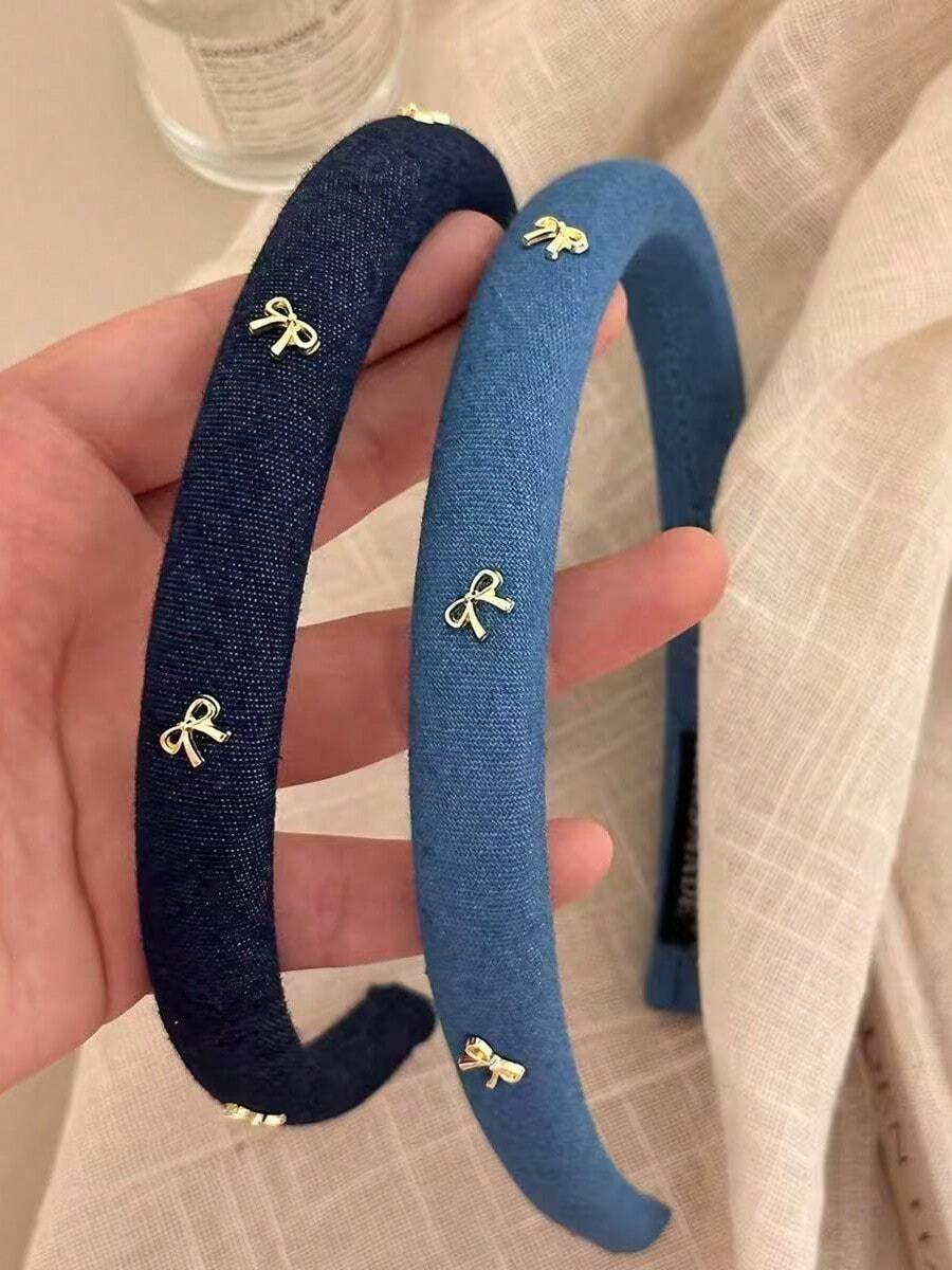 2pcs Denim Fabric Headbands, Gold Bow Embroidery Headbands, Women's Daily Wear Hair Accessories - Multicolor - View 1