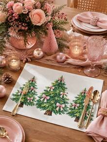 Christmas Table Runner, Throw Pillow, Placemat With Pink Bow And Christmas Tree Print, Minimalist Fresh Style, Holiday Kitchen Dining Table Decor - Multicolor - View 5