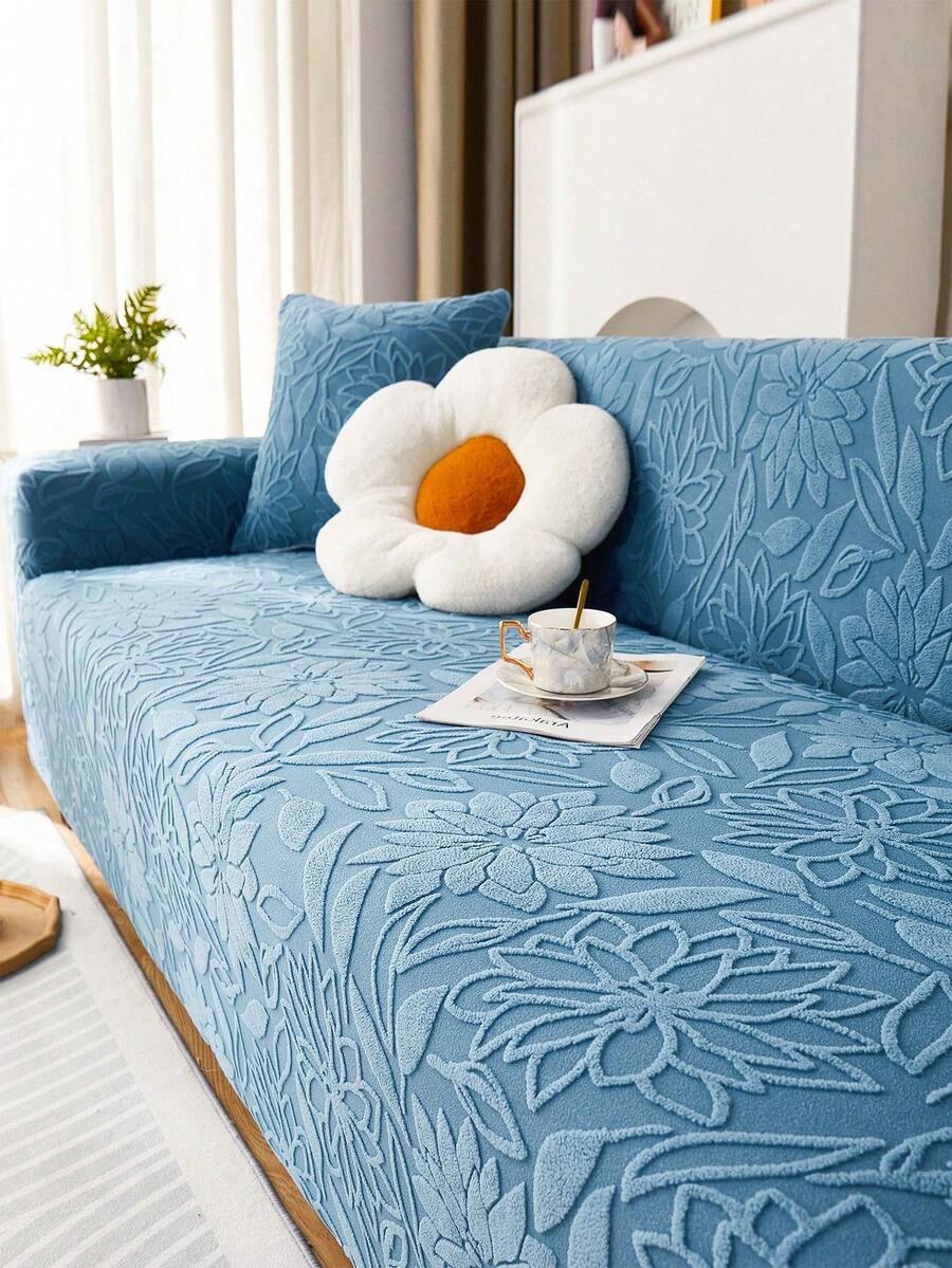 1pc 3D Sofa Cover, Multi-Functional Full Cover Sofa Cover, Solid Color Leaf Design Protective Sofa Cover, Elastic Full Wrap One-Piece Sofa Cover, With 1 Pillow Case Gift
