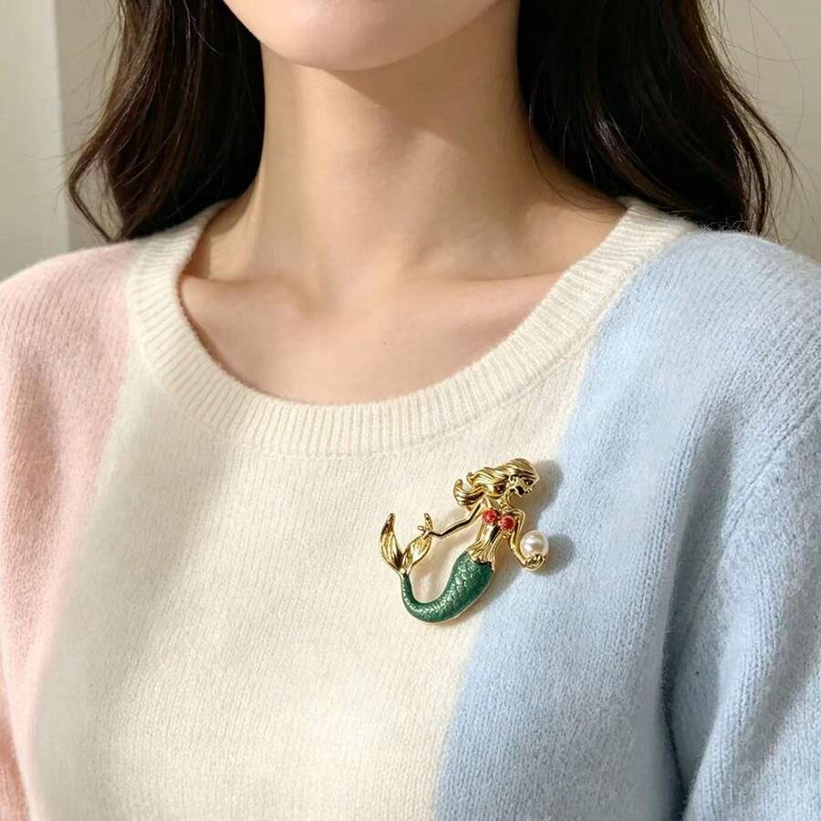 1pc Colorful Enamel Mermaid Faux Pearl Brooch, Elegant Ocean Theme Pin, Fashion Jewelry Gift For Women And Girls - Baby Blue - View 1