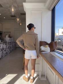 2026 Women's Designer Ribbed Knit Cardigan, Mocha Brown Full Zip Statement Collar Sweater, Relaxed Long Sleeve Chic Fall Winter Top - Khaki - View 5