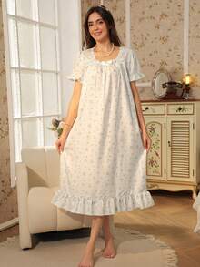 RS Pajama1 Floral Print Bubble Crepe Ruffle Short Sleeve Nightgown With Bow Decor, Square Neck - Baby Blue - View 4