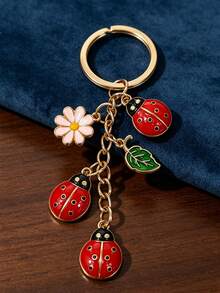 1Pc Gold‑Toned Metal Craft Keychain, Exquisite Vibrant Enamel Ladybug Floral Leaf Pendant Bag Charm, Stylish Decorative Practical Gift - Multicolor - View 2