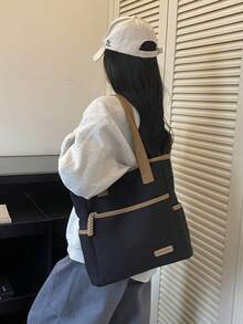 1件純色複合布料極簡Ins風多拉鍊口袋防水大容量可折疊女款工作包，適合日常通勤、外出、購物、旅行、度假，簡易行李收納，學生校園托特包，女友節日禮物 - 黑色 - 查看 7