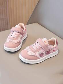 Sepatu Tenis Anak Perempuan Warna Pink dengan Hiasan Renda dan Rumbai, Motif Hati, Dekorasi Hati Berlian Imitasi, Tali Pengikat Kait & Velcro, Sol Karet Lembut Anti Selip, Sepatu Sneaker Kasual Anak yang Lucu - Berwarna merah muda - View 2