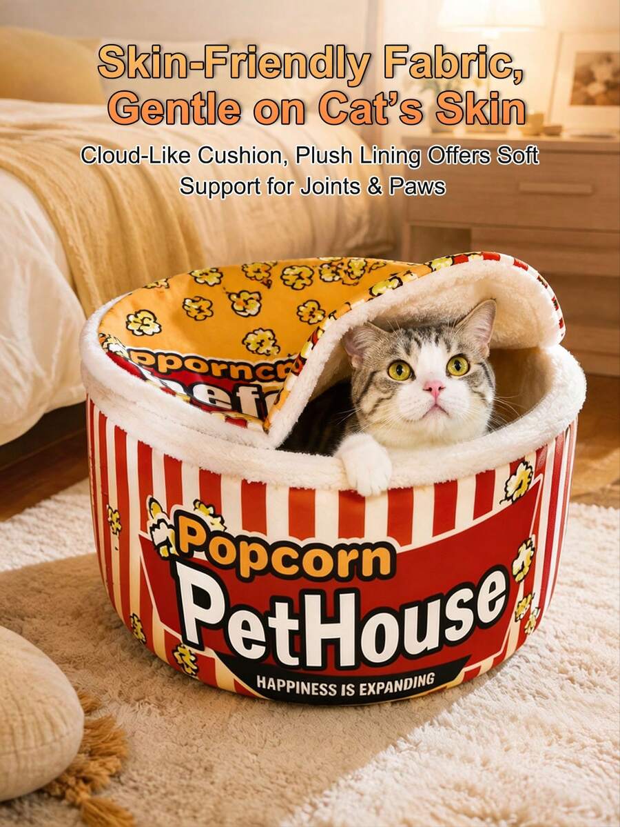 1pc Cute Cat Bed, Suitable For Indoor Cats/Dogs, Washable Pet House, Warm Pet Cave Bed, 100% Polyester Fabric, Suitable For Rabbits, Puppies, Cats And Small Animals Adult Cats, Japanese Ramen Design, Red And Yellow Color