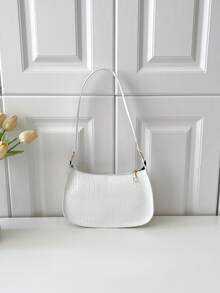 Solid Color Embossed Geometric Shoulder Bag - White - View 6