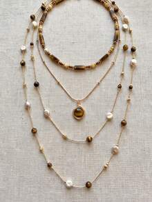 3pcs Maillard Beaded Tiger Eye Stone Layered Necklace For Women, Autumn/Winter Hot-Selling High-End Multi-Layer Long Sweater Chain Collarbone Necklace - Multicolor - View 7