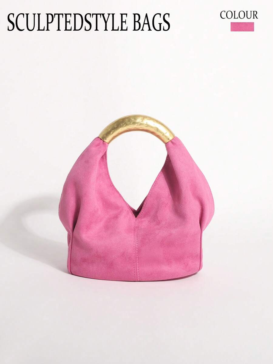 1pc Rose Red Textured Velvet Ruffled Design Vintage Metal Hardware Handbag Exquisite Fashion Zipper Bucket Bag Suitable For Commuting And Shopping - Hot Pink - View 1