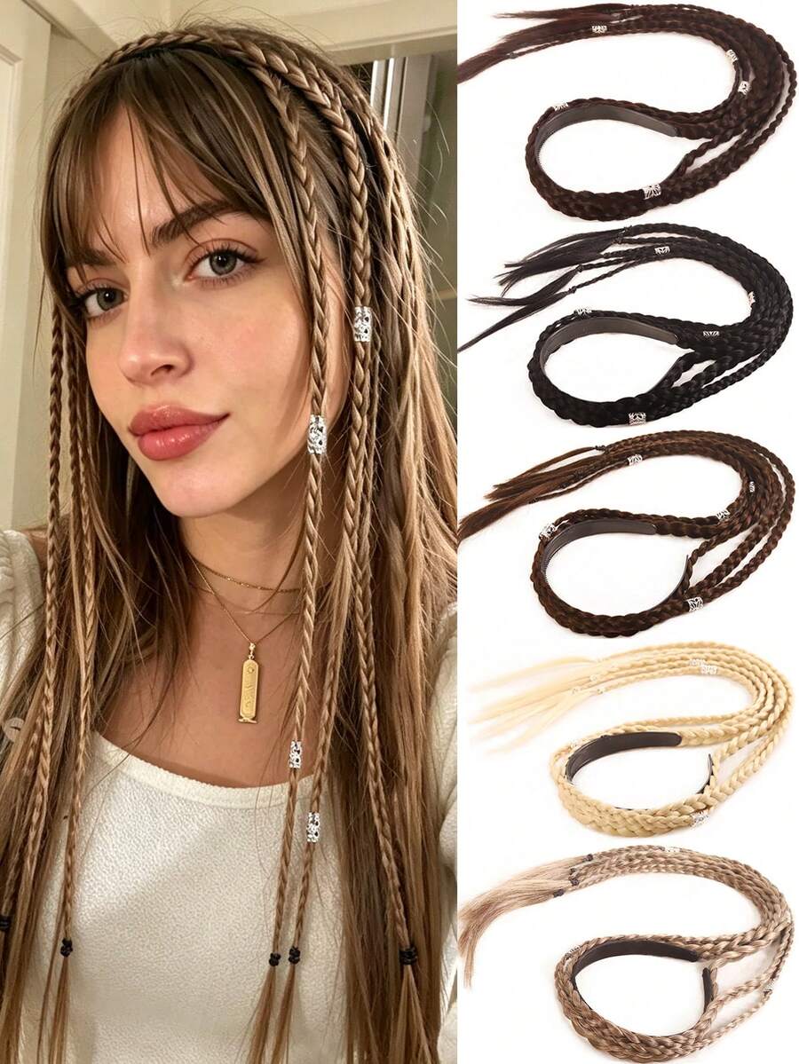 Băng đô tóc tết thủ công phong cách Bohemian sợi tổng hợp cho nữ, kèm tóc tết dài và tóc mái, phụ kiện tóc phù hợp dùng hàng ngày/tiệc tùng/lễ hội âm nhạc/Halloween - Nhiều màu - Xem 1