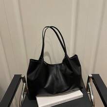 PU Handbag For Women, Solid Color Versatile Large Capacity Tote Bag, Makeup Bag, Mommy Bag, Birthday Gift, Holiday Gift, Versatile Bag - Black - View 4
