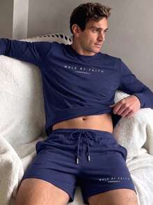 Men's Summer Crew Neck Casual Long Sleeve T-Shirt And Casual Shorts Loungewear Set - Navy Blue - View 1