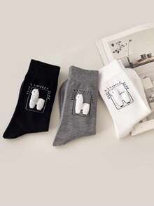 3/6 Pairs Women's 3D Flocked Alpaca Mid-Calf Socks, Black White Gray Minimalist Cute Animal Socks, Suitable For Daily Sports Shoes Matching - Multicolor - View 2