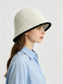 Bucket Hat, Japanese Style Face-Slimming, Black Knitted Plush Bucket Hat, Sun Protection, Face-Slimming, Bucket Hat, Versatile For Outings, Travel Essential, Travel Must-Have, Fashionable And Versatile, Matches Any Outfit, Perfect For Walking, Great For Photos, Gift For Women, Gift For Girlfriend, Gift For Best Friend, Women's Accessory, Personalized Gift, Fun Gift. - Multicolor - View 5