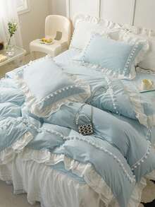 3pcs Skin-Friendly Soft Comfortable Light Blue Pom Pom Lace Double Layer Ruffle Bedding Set (1*Duvet Cover+2*Pillowcases, No Fillers), French Country Style, Lady Style, Girly Style, Bohemian Rural Style, Suitable For Bedroom, Guest Room, Boys And Girls Bedding, Machine Washable, All Season Use - Baby Blue - View 3