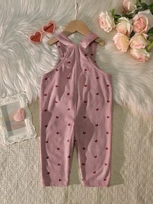 Baby Girls Pink Striped Red Heart Print Big Red Heart Embroidered Sweet Cute Button Overalls - Rusty Rose - View 2