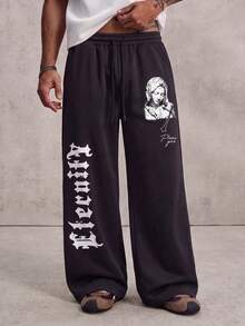 MAISONFOX Men's Black Loose Drawstring Wide Leg Sweatpants, Vertical Gothic Letter & Vintage Portrait Print, Pockets Streetwear Long Pants - Black - View 7
