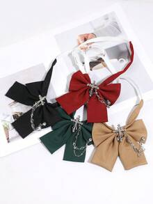 1PC Black/Red/Green/Khaki Bow Tie With Rhinestone Cross & Heart Chain Decor Adjustable Shirt Collar Accessory - Multicolor - View 1