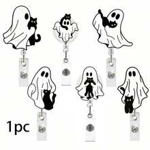 1pc Halloween Ghost Black Cat Acrylic Retractable Badge Reel ID Holder - Multicolor - View 1