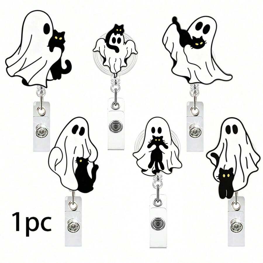 1pc Halloween Ghost Black Cat Acrylic Retractable Badge Reel ID Holder - Multicolor - View 1