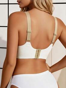 2 PCS Women Color Block Bra, V Neck High Support Seamless Bra, Contrast Wing Pattern Wide Strap Comfort Push Up Lingerie - Multicolor - View 3