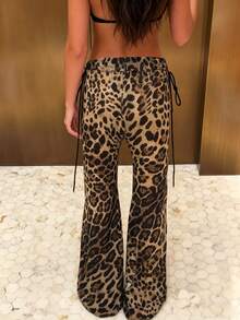 DOUCIU Leopard Print High Waist Drawstring Flare Pants Women's Casual Street Style - Multicolor - View 2