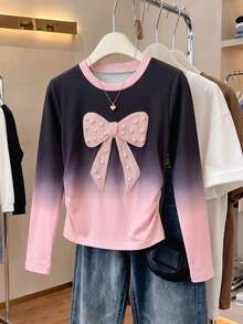 Girls' Casual Fashion Sweet Style Cinched Waist Bow Round Neck Gradient Long Sleeve Top, Spring/Autumn - Pink - View 2