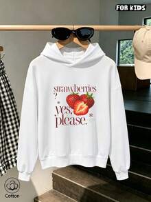 Girls Casual Loose Fit Hoodie With Strawberry Print & Lettering, Soft Breathable Long Sleeve Pullover For Spring Fall Daily Wear Or Outdoor Activities - White - View 4