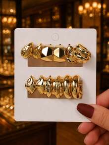 12/18 Pairs Multiple Gold Tone Textured Hoop Earring Set, Vintage Geometric Statement Metal Earrings, Versatile Daily Party Jewelry Gift For Women - Yellow Gold - View 6