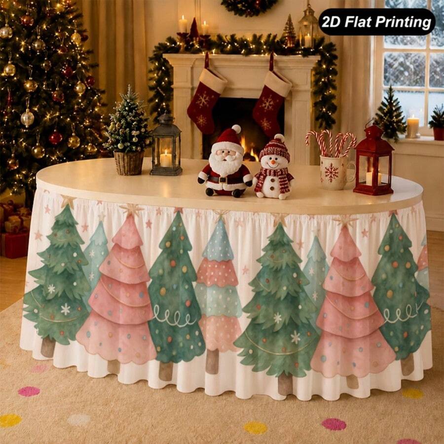 Pastel Christmas Tree Print Round Table Skirt, Cute Pink And Green Holiday Decoration, 2D Flat Printing Polyester Table Cover For Kids Christmas Party, Family Dinner And Winter Home Decor - A - View 1