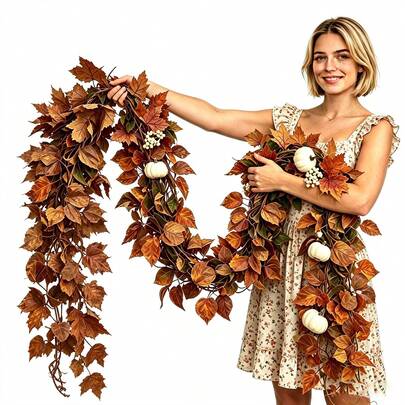 Halloween Artificial Plants, Artificial Maple Leaves And Pumpkins, Outdoor Artificial White Holiday Hanging Wreath, Autumn Maple Leaf Vine Decoration, Living Room, Office, Desktop, Wedding Decoration, Home Decor, Halloween Decoration, Room Decoration